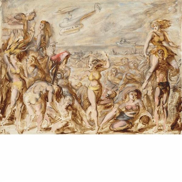 Coney Island With Police Helicopter Oil Painting by Reginald Marsh