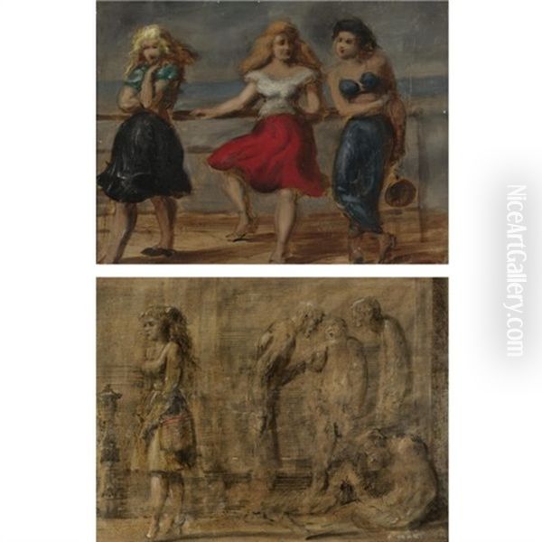 Three Women At The Beach (+ Street Scene; Verso) Oil Painting by Reginald Marsh