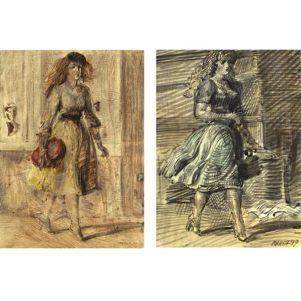 Woman Strolling (+ Another, Watercolor, Verso) Oil Painting by Reginald Marsh