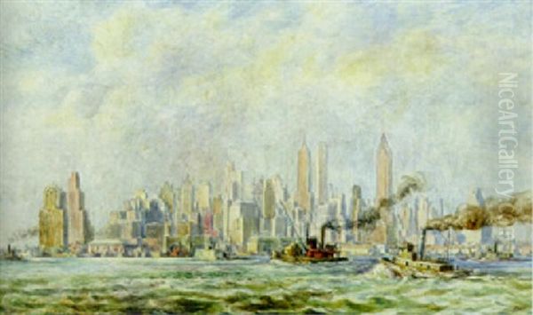 Tugs And The New York Skyline Oil Painting by Reginald Marsh