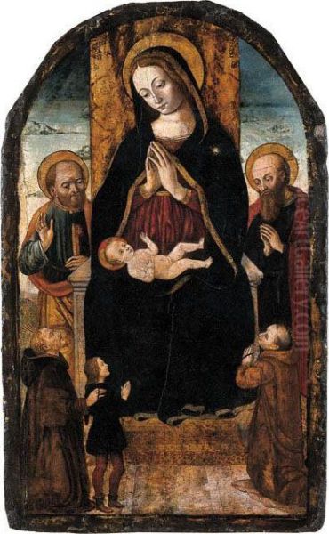 Madonna Con Bambino Ed I Santi Pietro E Paolo Con Un Donatore E Duefrati Francescani Oil Painting by Bernardino Di Lorenzo Di Cecco