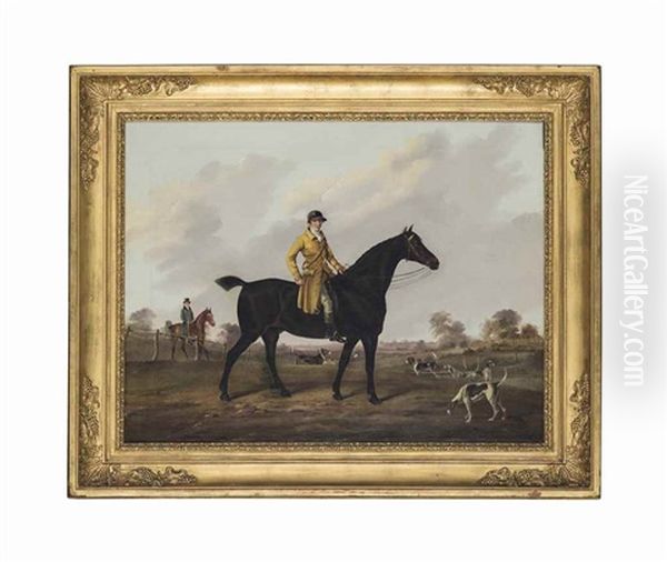 A Huntsman On A Chestnut Hunter, With Hounds And A Huntsman Beyond, In An Extensive Landscape Oil Painting by Benjamin Marshall