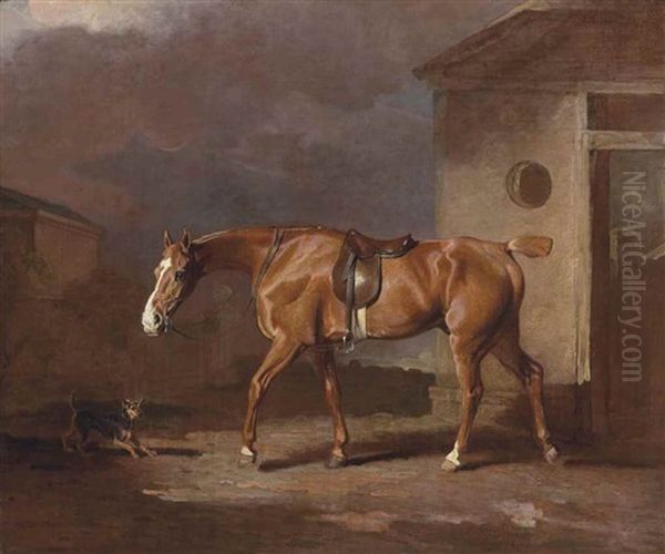 A Chestnut Hunter With A Terrier In A Courtyard, By A Stable Oil Painting by Benjamin Marshall