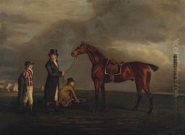 Hap-hazard With His Trainer, Groom And Jockey On A Racecourse Oil Painting by Benjamin Marshall