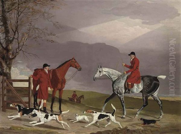 Thomas Oldaker On A Gray Hunter, With Other Huntsmen, Hounds And Terriers, In A Landscape Oil Painting by Benjamin Marshall