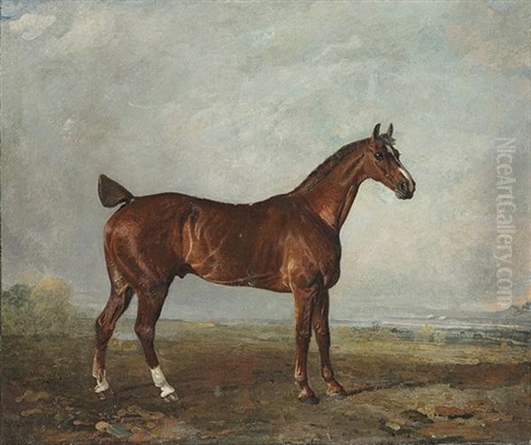 A Chesnut Hunter In A Landscape Oil Painting by Benjamin Marshall