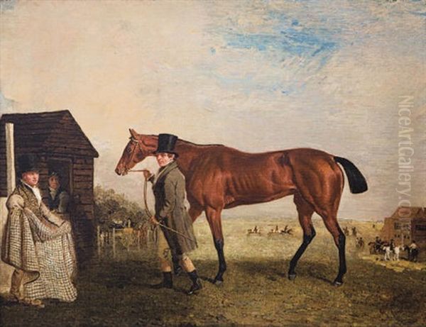 "pastime," A Bay Filly, Led By One Of Her Trainers, With A Groom In Attendance Oil Painting by Benjamin Marshall