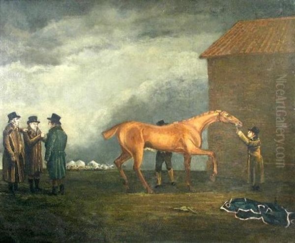 Rubbing Down The Chestnut Stallion, "muley Moloch," With The Punters Messrs Trotter, Hardy, And Simpson Watching On Oil Painting by Benjamin Marshall