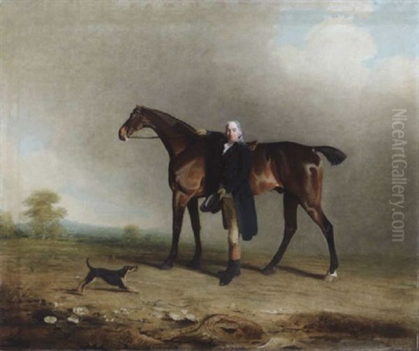 Major Price With His Favourite Bay Hunter And Terrier In A Landscape Oil Painting by Benjamin Marshall