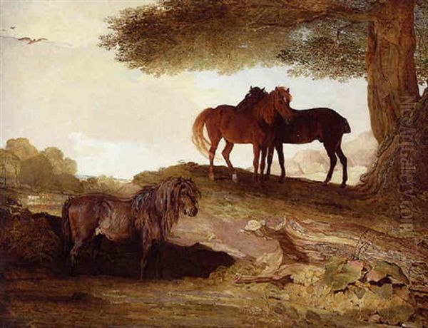 Ponies - A Shetland Pony, And Two Welsh Ponies Beneath A Tree, In A Landscape Oil Painting by Benjamin Marshall