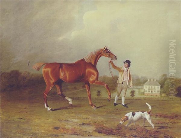 Charles Arnott's Chestnut Hunter Held By A Groom In An Extensive Landscape, With Rushington Manor Beyond Oil Painting by Benjamin Marshall