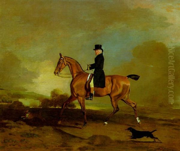 A Gentleman (francis Const?) On A Bay Hunter With Two Terriers In A Landscape Oil Painting by Benjamin Marshall