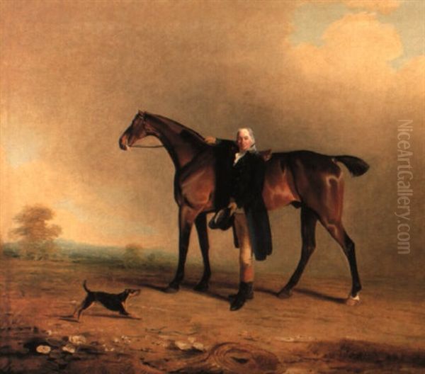 Major Price With His Favorite Bay Hunter And Terrier In Landscape Oil Painting by Benjamin Marshall