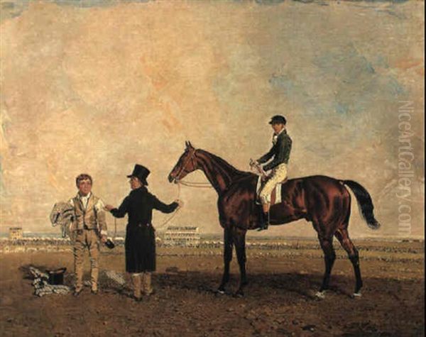 Priam, A Bay Racehorse With Sam Day Jr. Up, With William Chifney And Groom Oil Painting by Benjamin Marshall