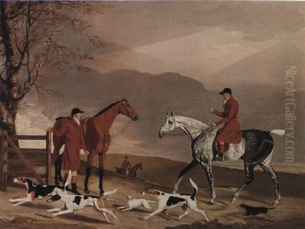 Tom Oldaker, On A Grey Hunter With Huntsmen And Hounds In A Landscape Oil Painting by Benjamin Marshall