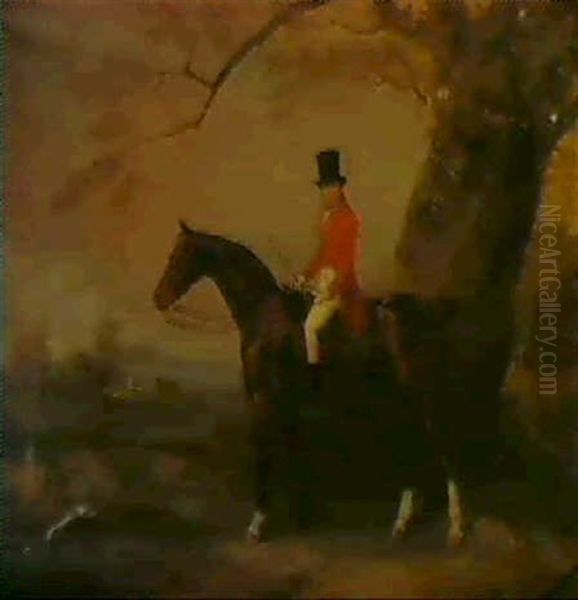 A Gentleman On His Bay Hunter In A Landscape Oil Painting by Benjamin Marshall