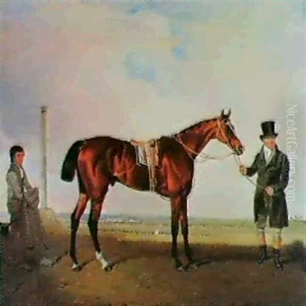 Mameluke, A Bay Racehorse, Held By His Trainer, Edwards,    With A Groom Holding A Blanket, On Epsom Downs Oil Painting by Benjamin Marshall