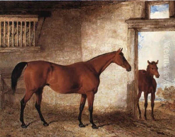 A Bay Mare With Her Foal In A Stable Oil Painting by Benjamin Marshall