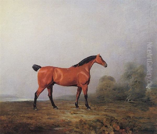 A Chestnut Horse Standing In A Landscape Oil Painting by Benjamin Marshall