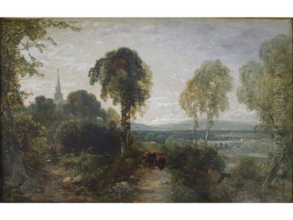 Figures On A Country Paith, A Town Beyond Oil Painting by Charles Marshall