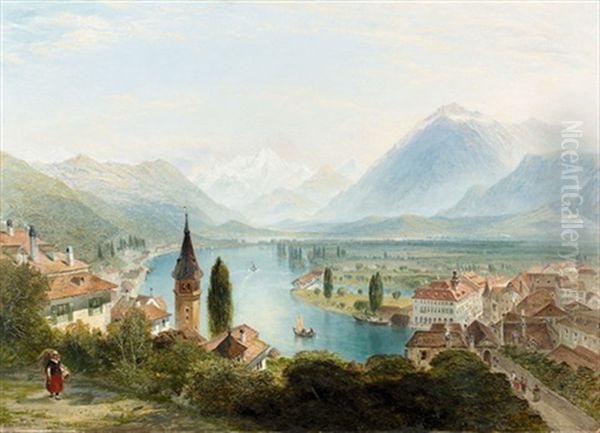 The River At Thun With The Bernese Alps In The Distance Oil Painting by Charles Marshall