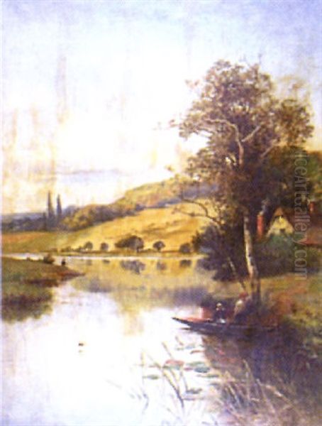 River Landscape With Figures In A Punt In The Foreground Oil Painting by Herbert Menzies Marshall