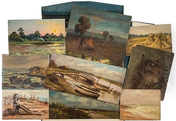 A Folio Group Of 15 Small Paintings Including A Barley Field; Study Of A Cat; Wolton Heath; Stew Pond; Walberswick; Burning Couch Oil Painting by John Fitz Marshall