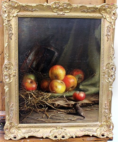 A Still Life With A Mouse Seated Before Apples And A Lantern Oil Painting by John Fitz Marshall