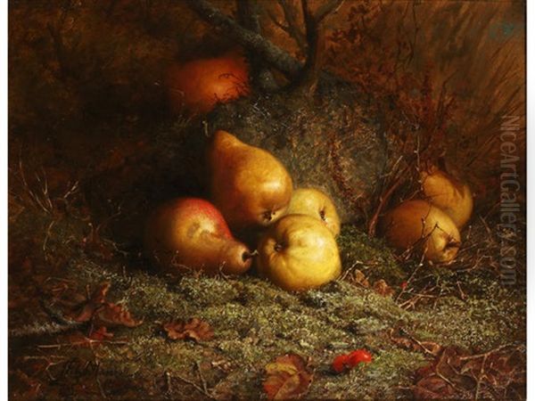 Pears, Apples And Rosehips On A Mossy Bank Oil Painting by John Fitz Marshall