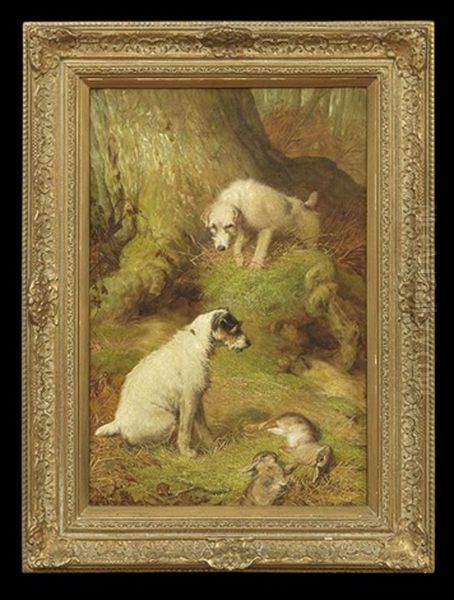 Woodland Interior With Terriers Hunting Hare Oil Painting by John Fitz Marshall