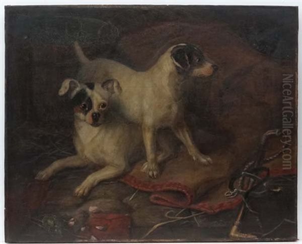 On Guard Two Terriers Guarding A Horse Blanket, Spur And Hunting Whip From Two Cats With Rose Stem And Petals On Floor, Within A Stable Oil Painting by John Fitz Marshall