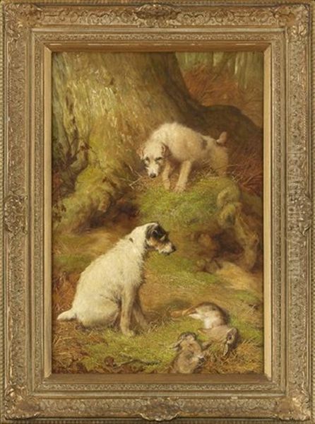 Woodland Interior With Terriers Hunting Hare Oil Painting by John Fitz Marshall