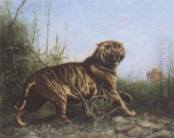 At Bay, A Sabre Tooth Tiger Oil Painting by John Fitz Marshall