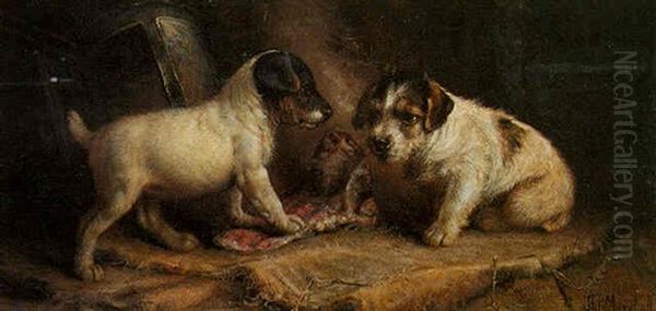 Puppies With A Bone Oil Painting by John Fitz Marshall