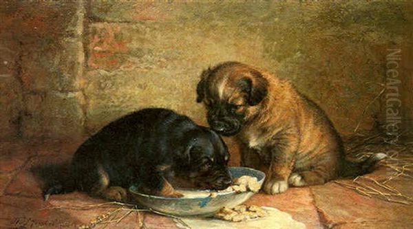 Puppies Drinking Milk Oil Painting by John Fitz Marshall