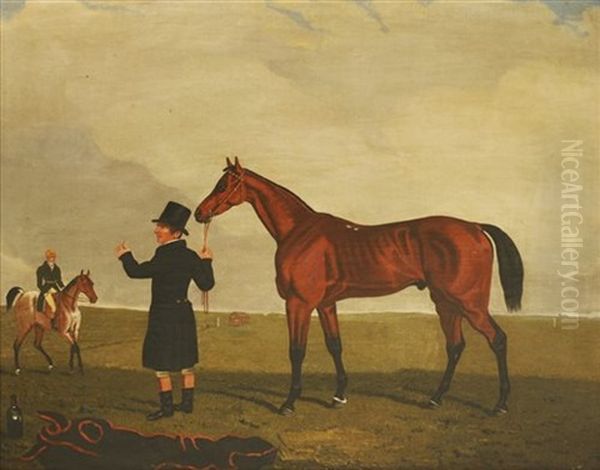 Colonel J Peel's 'archibald' With Trainer And Jockey, A Pavis, Riding A Roan Hack Oil Painting by Lambert Marshall