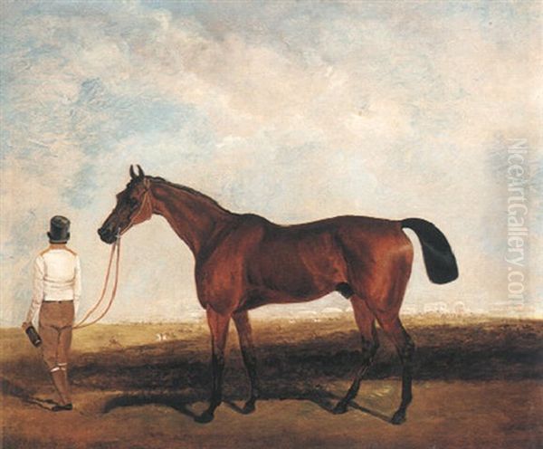 A Bay Racehorse Held By A Groom Oil Painting by Lambert Marshall