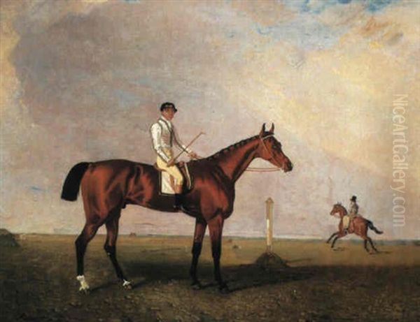 A Bay Racehorse With A Jockey Up On A Racecourse Oil Painting by Lambert Marshall