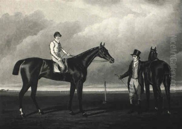 A Racehorse With Jockey Up And His Trainer On A Racecourse Oil Painting by Lambert Marshall