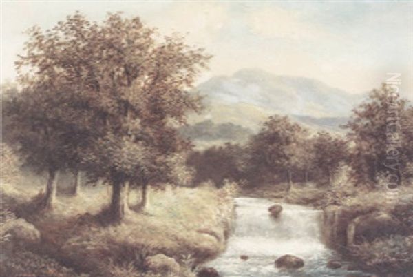 An Extensive Hilly Summer Landscape With Rapids In The Foreground Oil Painting by Robert Angelo Kittermaster Marshall