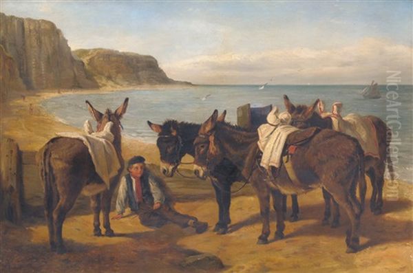 Boy With Donkeys On A Beach Oil Painting by William Elstob Marshall