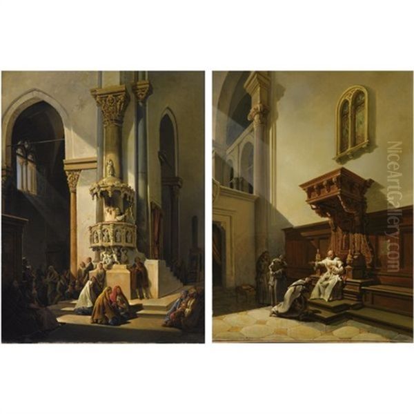 Interni Di Chiese (pair) Oil Painting by Filippo Marsigli