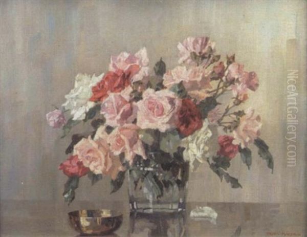 Still Life With A Vase Of Roses And A Bowl On A Table Oil Painting by Freda Marston