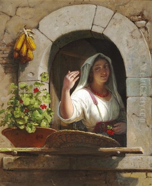 A Young Italian Woman Greets Someone From A Window Oil Painting by Wilhelm Nicolai Marstrand