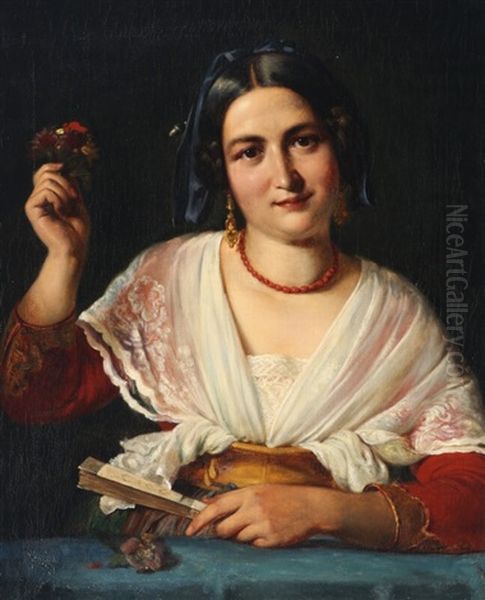 An Italian Woman With A Fan Oil Painting by Wilhelm Nicolai Marstrand