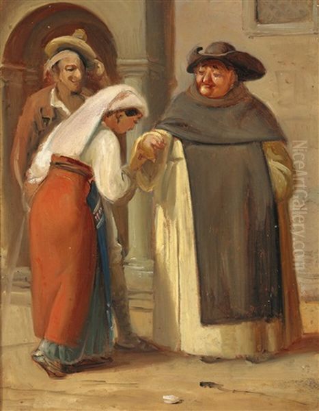 An Italian Woman Kisses The Hand Of A Monk Oil Painting by Wilhelm Nicolai Marstrand