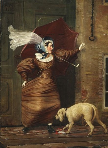 A Lady Is Stuck In A Doorway On A Windy Day Oil Painting by Wilhelm Nicolai Marstrand