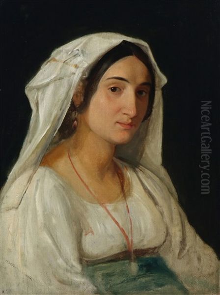 Albanerinde Med Hvidt Hovedklaede Oil Painting by Wilhelm Nicolai Marstrand