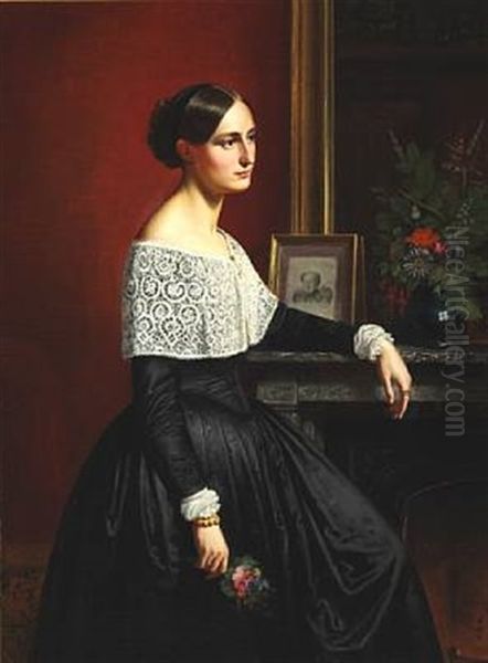 Interior With Signe Puggaard In An Elegant Black Dress Standing Next To A Console With A Bouquet Of Summer Flowers by Wilhelm Nicolai Marstrand