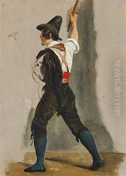 A Torch Bearer. Study For Lystighed Uden For Roms Mure Pa En Oktoberaften 1839 Oil Painting by Wilhelm Nicolai Marstrand